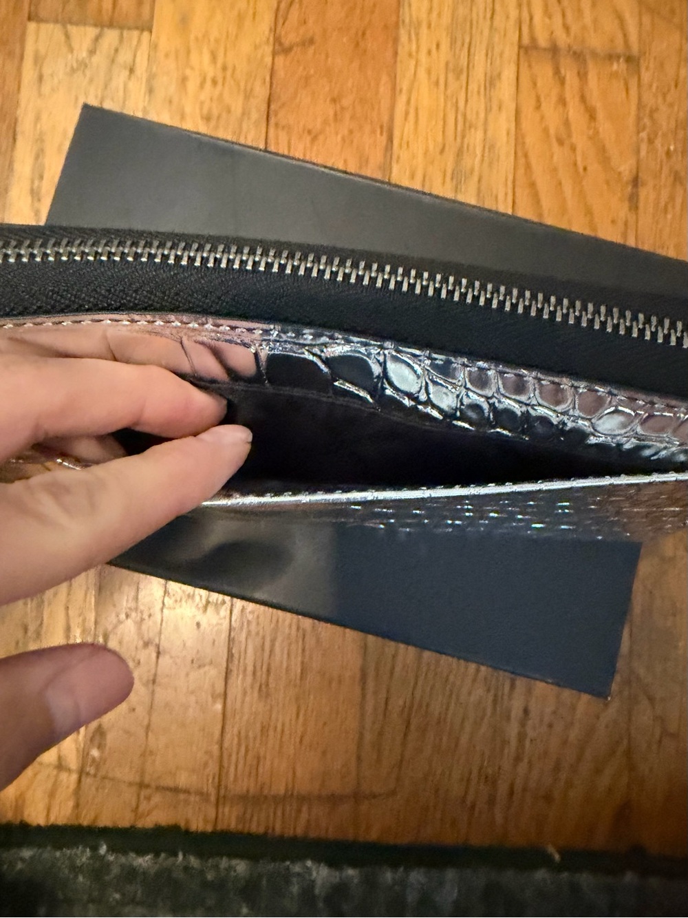 Michael Kors Hudson Metallic Crocodile Embossed Leather Zip-Around Wallet - Picture 7 of 14